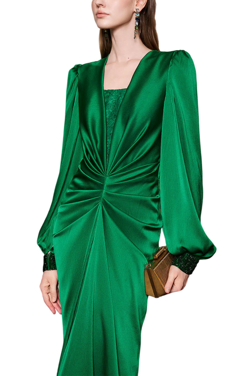 PLUNGE NECKLINE BOUFFANT SLEEVES GATHERED WAIST GOWN