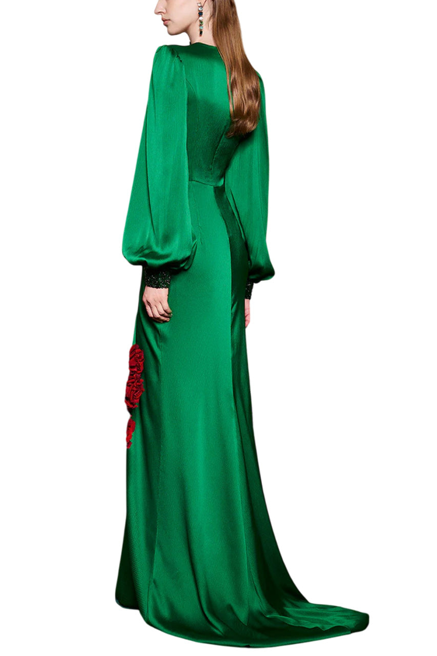 PLUNGE NECKLINE BOUFFANT SLEEVES GATHERED WAIST GOWN