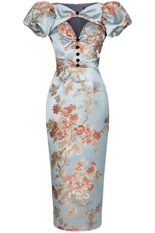 PUFF SLEEVE FLORAL JACQUARD MIDI