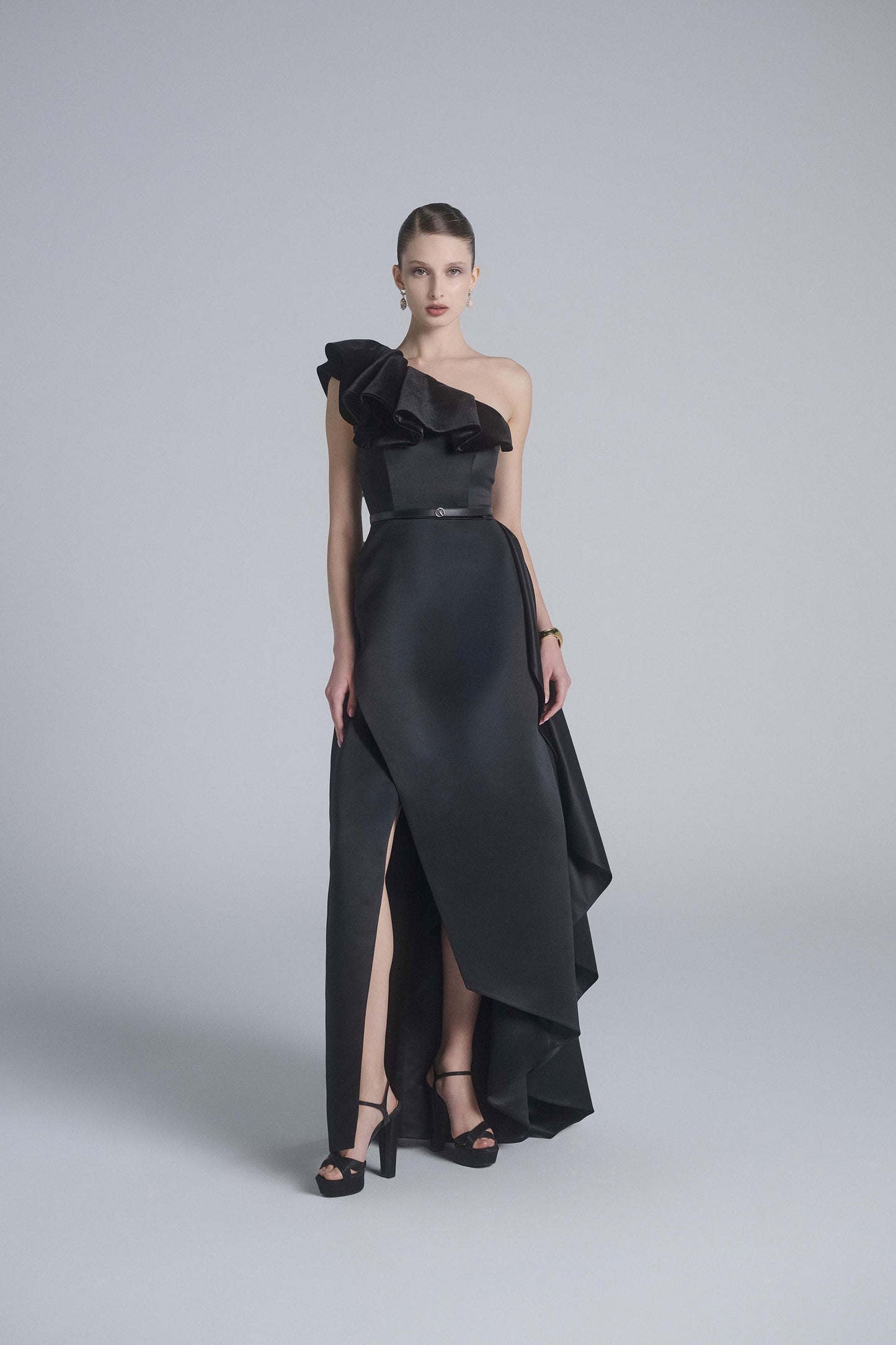 One-Shoulder Velvet and Satin Dress