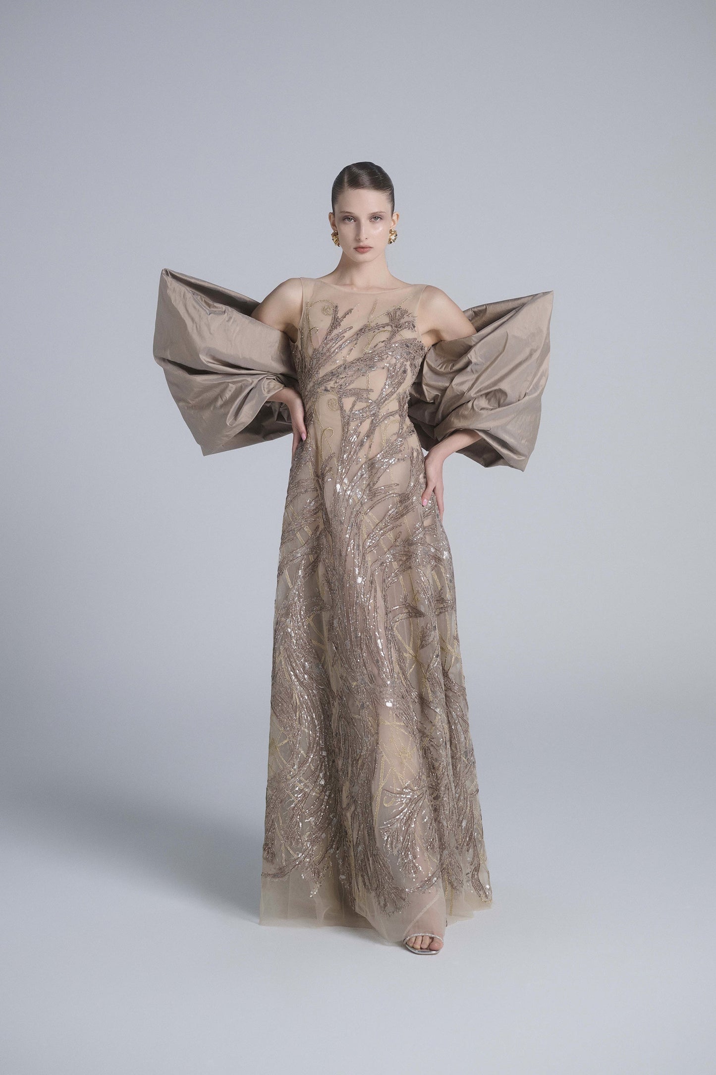 Embroidered Long Dress with Bow Cape