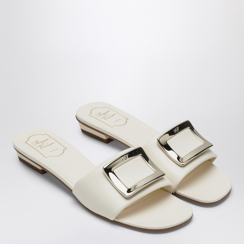Square buckle leather slides white