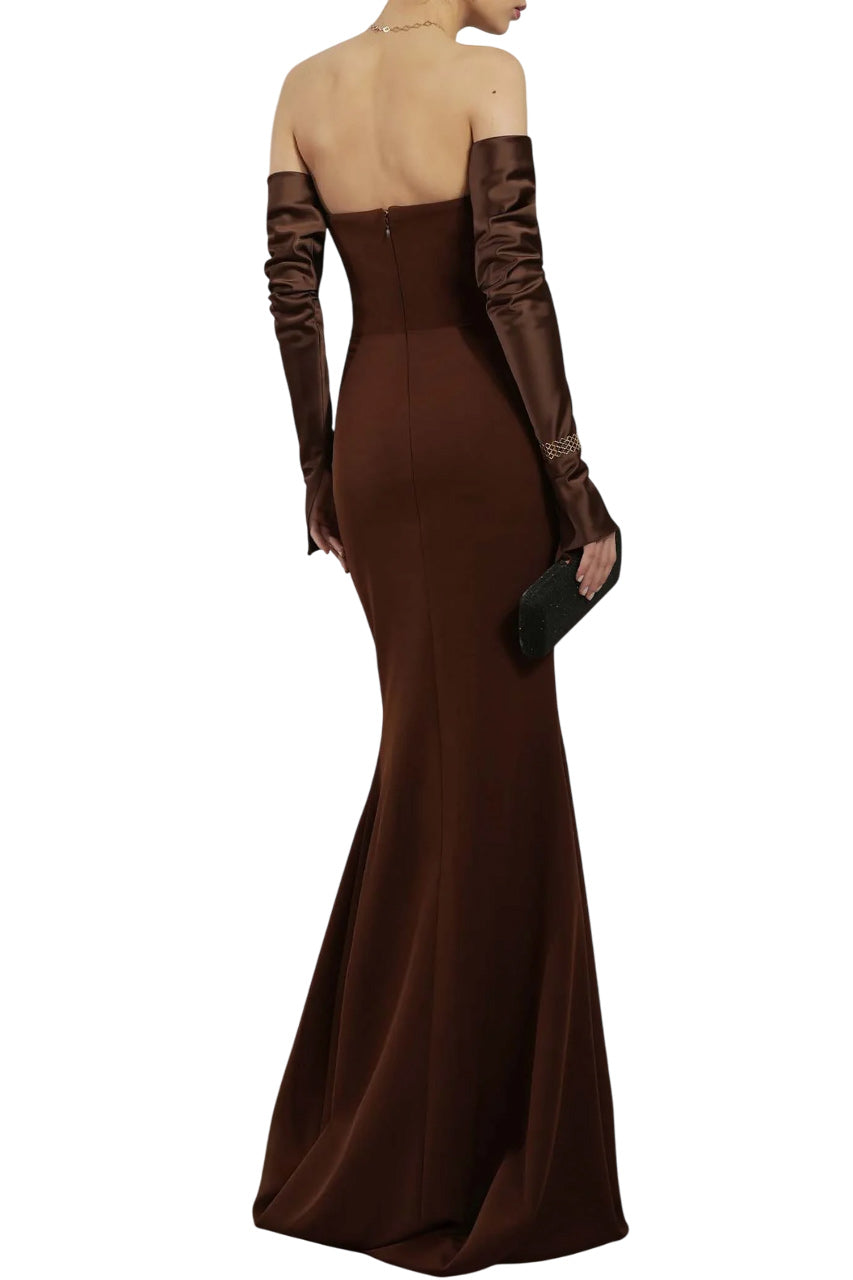 RAVEN COFFEE CREPE LONG DRESS
