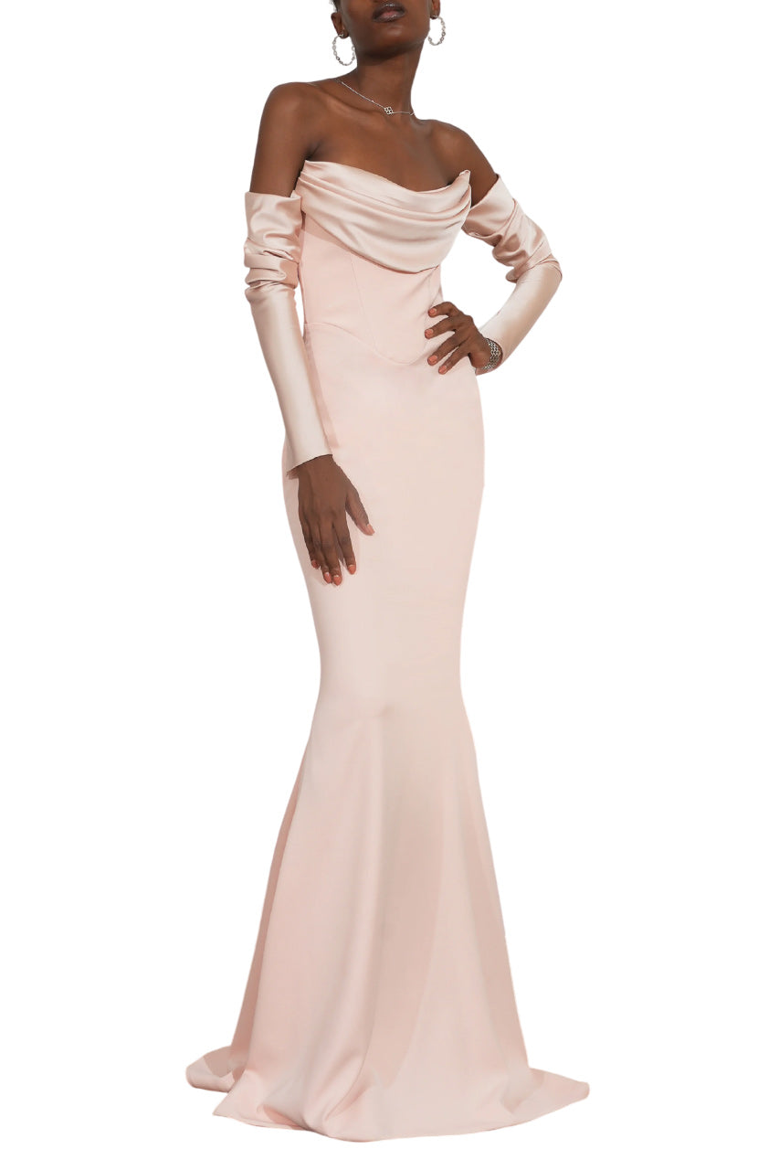 RAVEN SOFT PEACH CREPE LONG DRESS