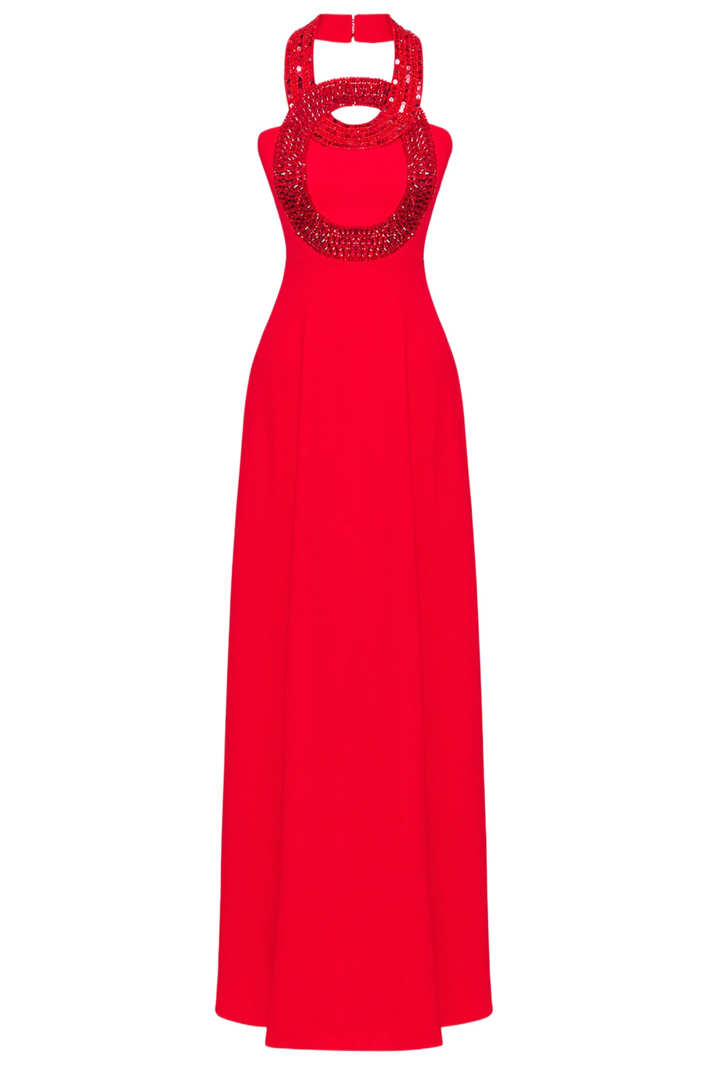 RED CRYSTALS NECKLINE FLOWING GOWN
