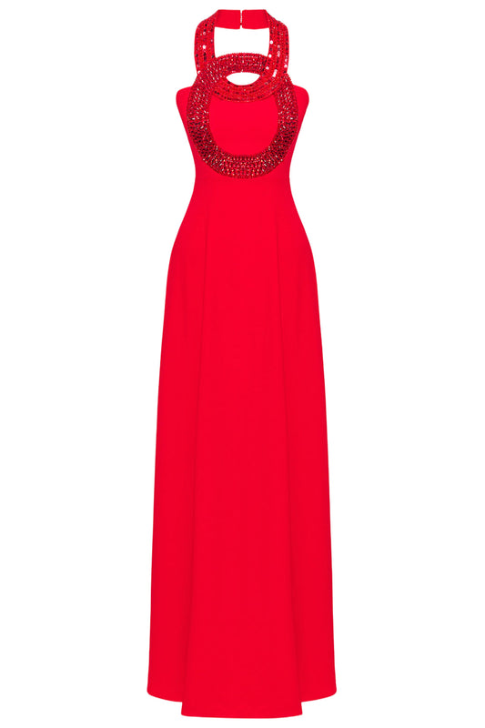 RED CRYSTALS NECKLINE FLOWING GOWN