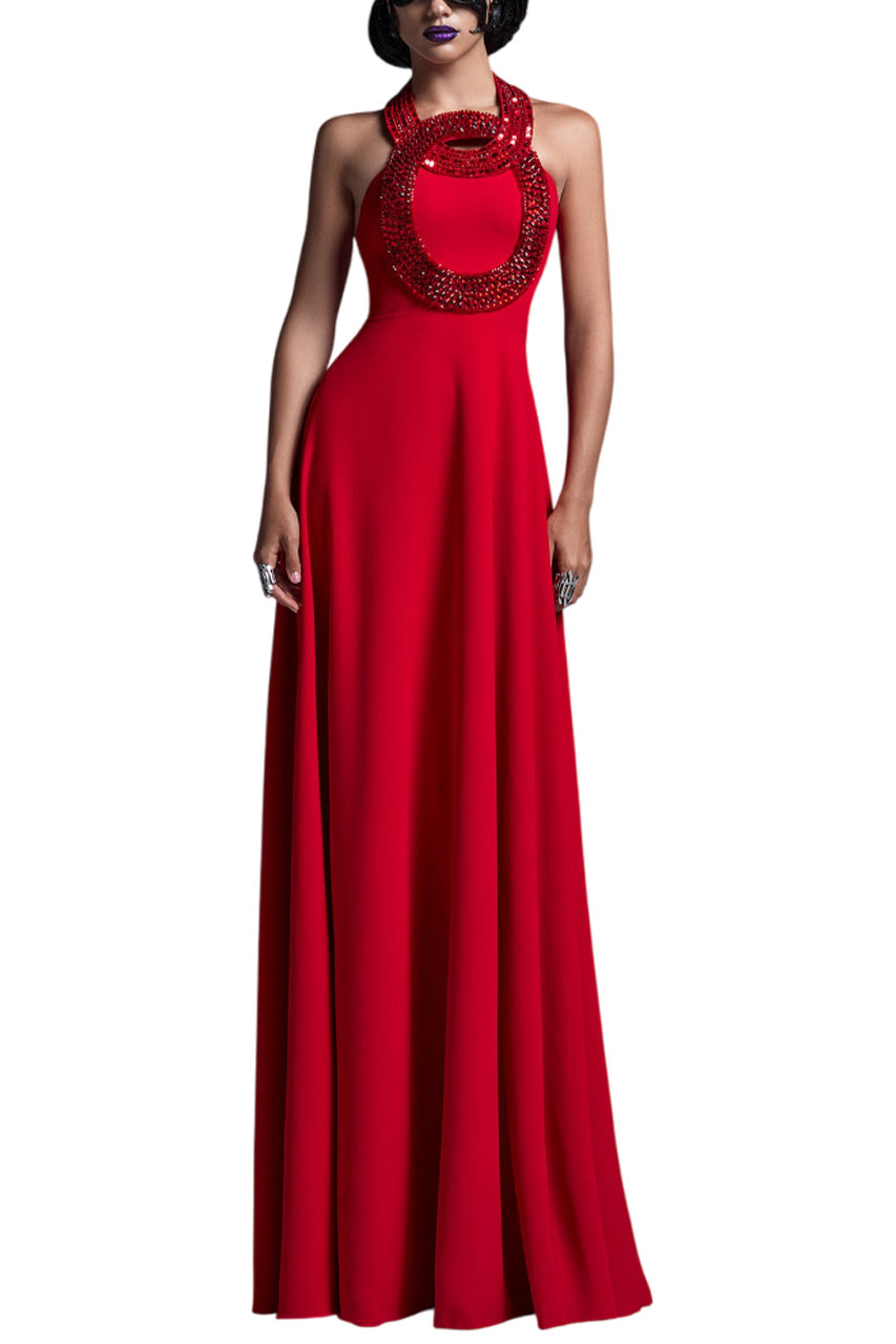 RED CRYSTALS NECKLINE FLOWING GOWN