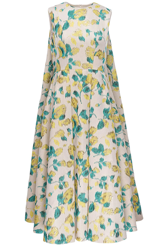 RENEE METALLIC FLORAL JACQUARD CAPE MIDI DRESS