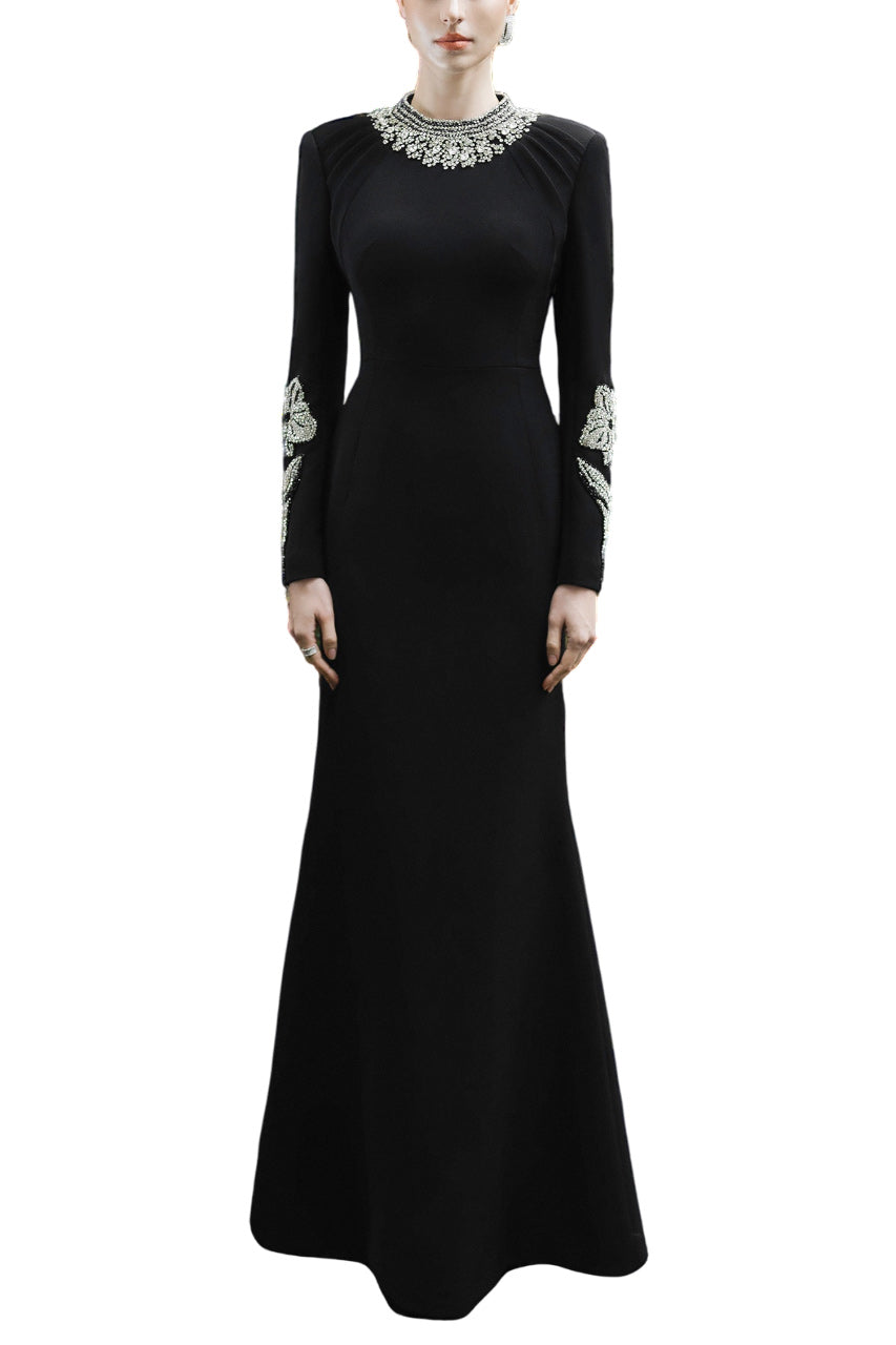 ROUND NECK LONG SLEEVE EMBELLISHED DRESS