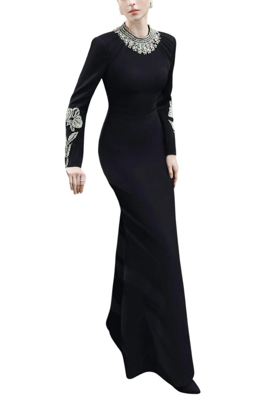 ROUND NECK LONG SLEEVE EMBELLISHED DRESS