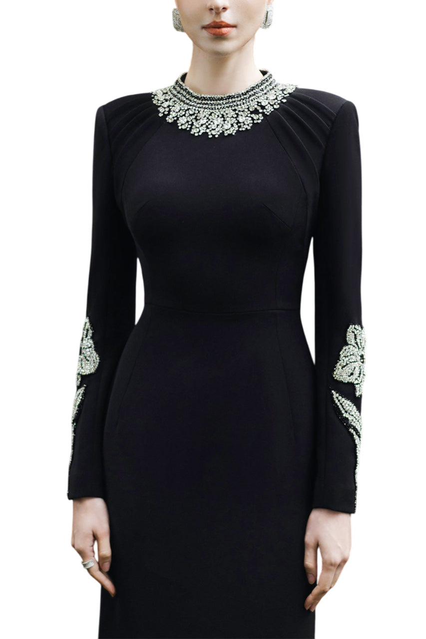 ROUND NECK LONG SLEEVE EMBELLISHED DRESS