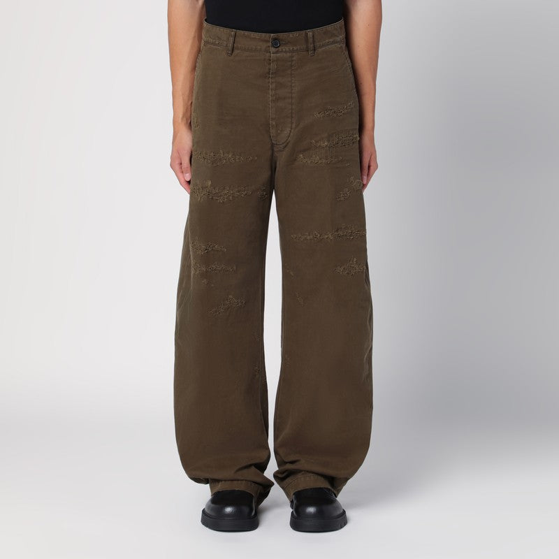 Military Green Wide Trousers With Wear