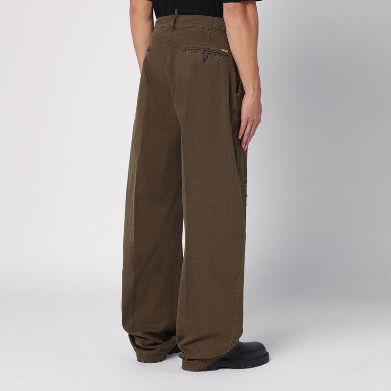 Military Green Wide Trousers With Wear