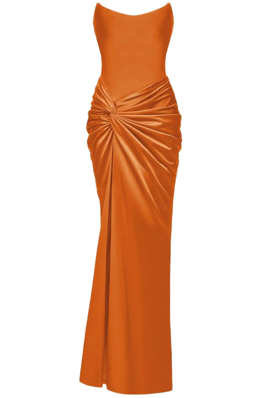 SATIN CORSET MAXI DRESS WITH DRAPED SKIRT