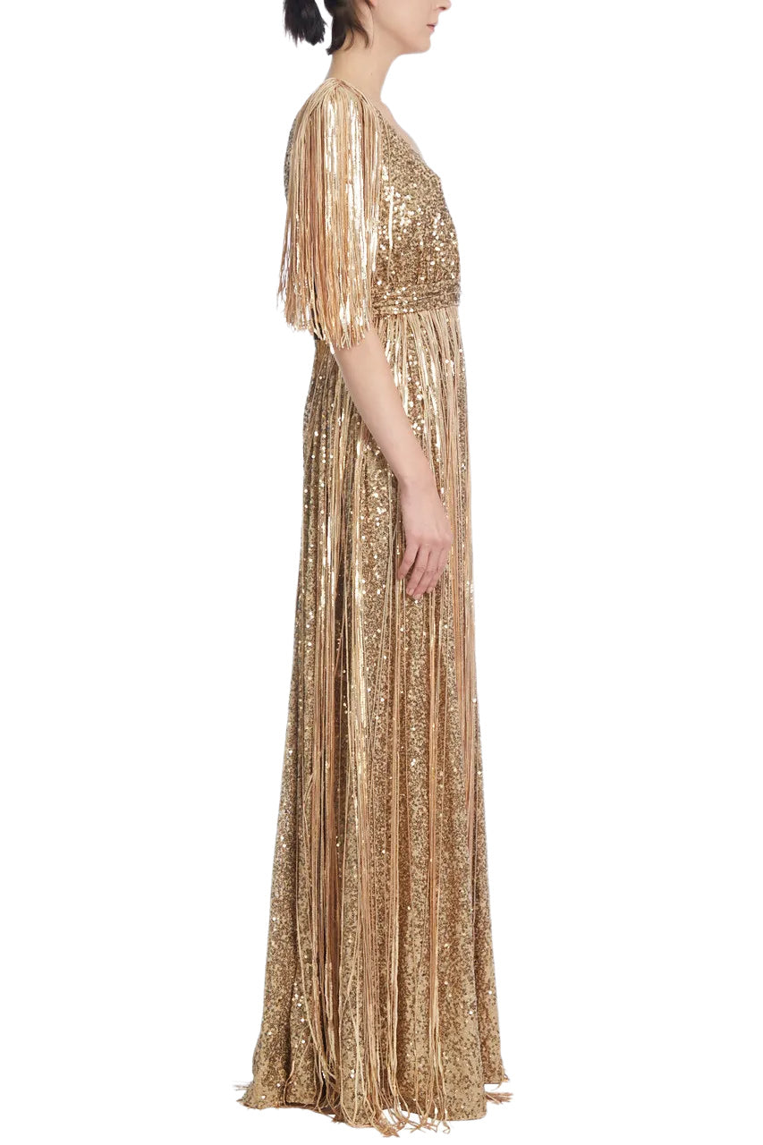 SEQUINED EVENING GOWN WITH FRINGES