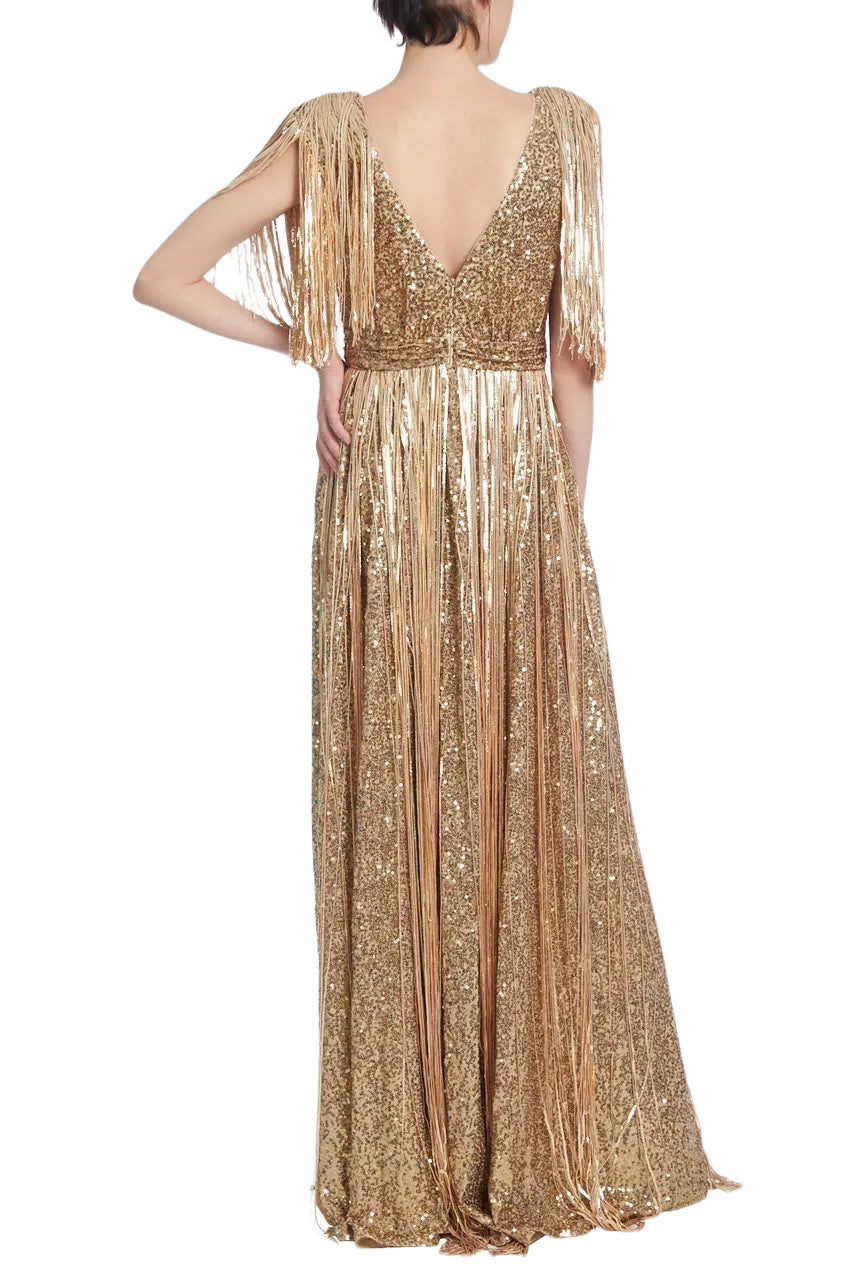 SEQUINED EVENING GOWN WITH FRINGES