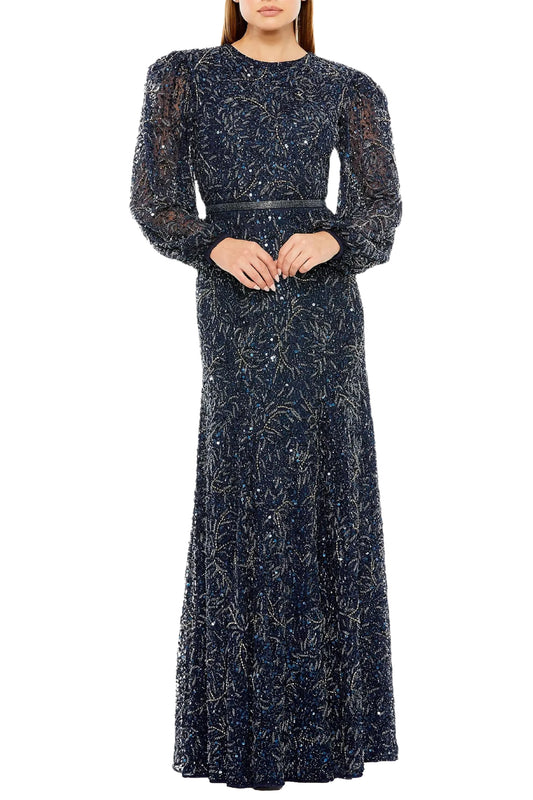 SHEER LONG SLEEVE BEADED GOWN