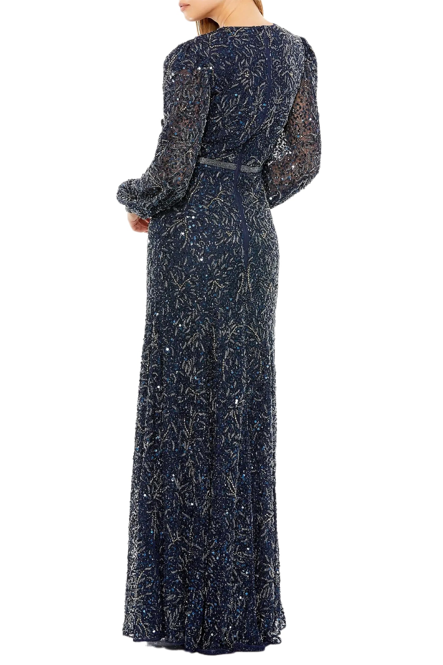 SHEER LONG SLEEVE BEADED GOWN