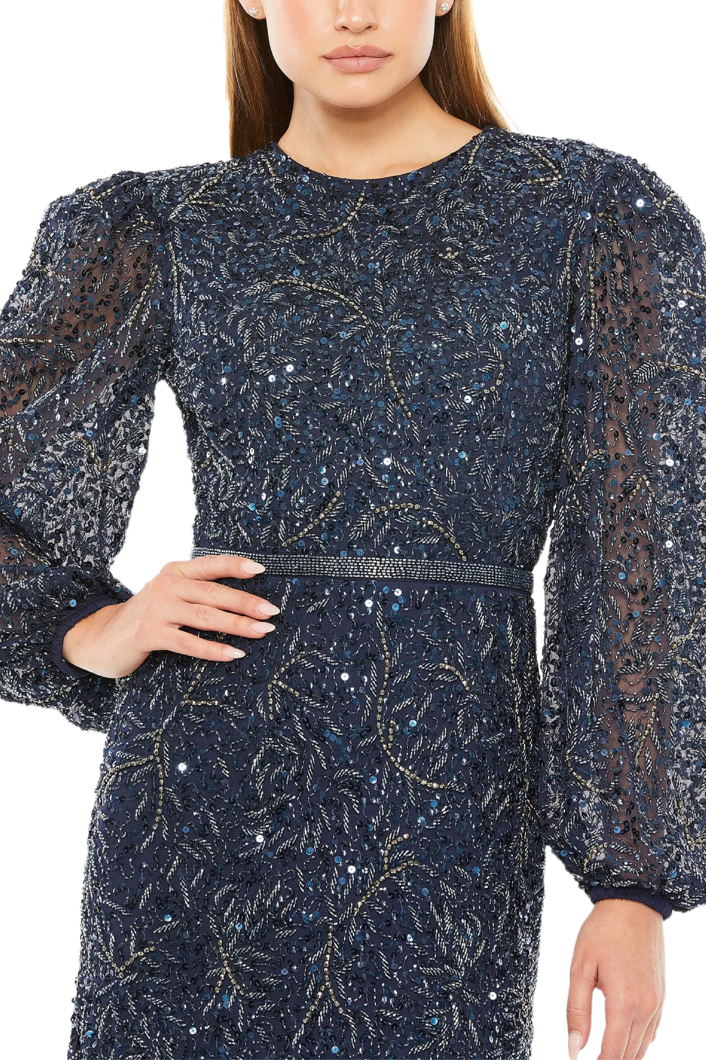 SHEER LONG SLEEVE BEADED GOWN