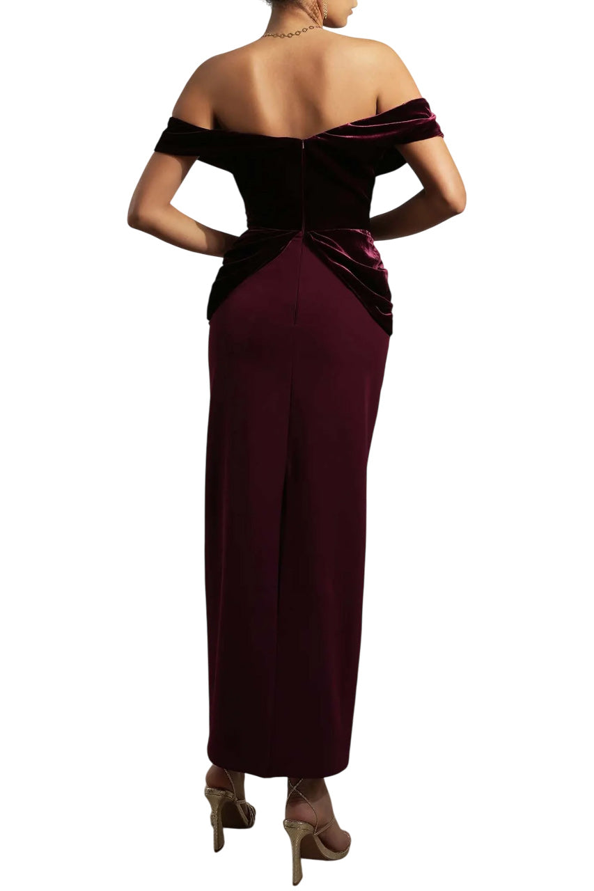 SIRI BURGUNDY VELVET AND CREPE DRESS