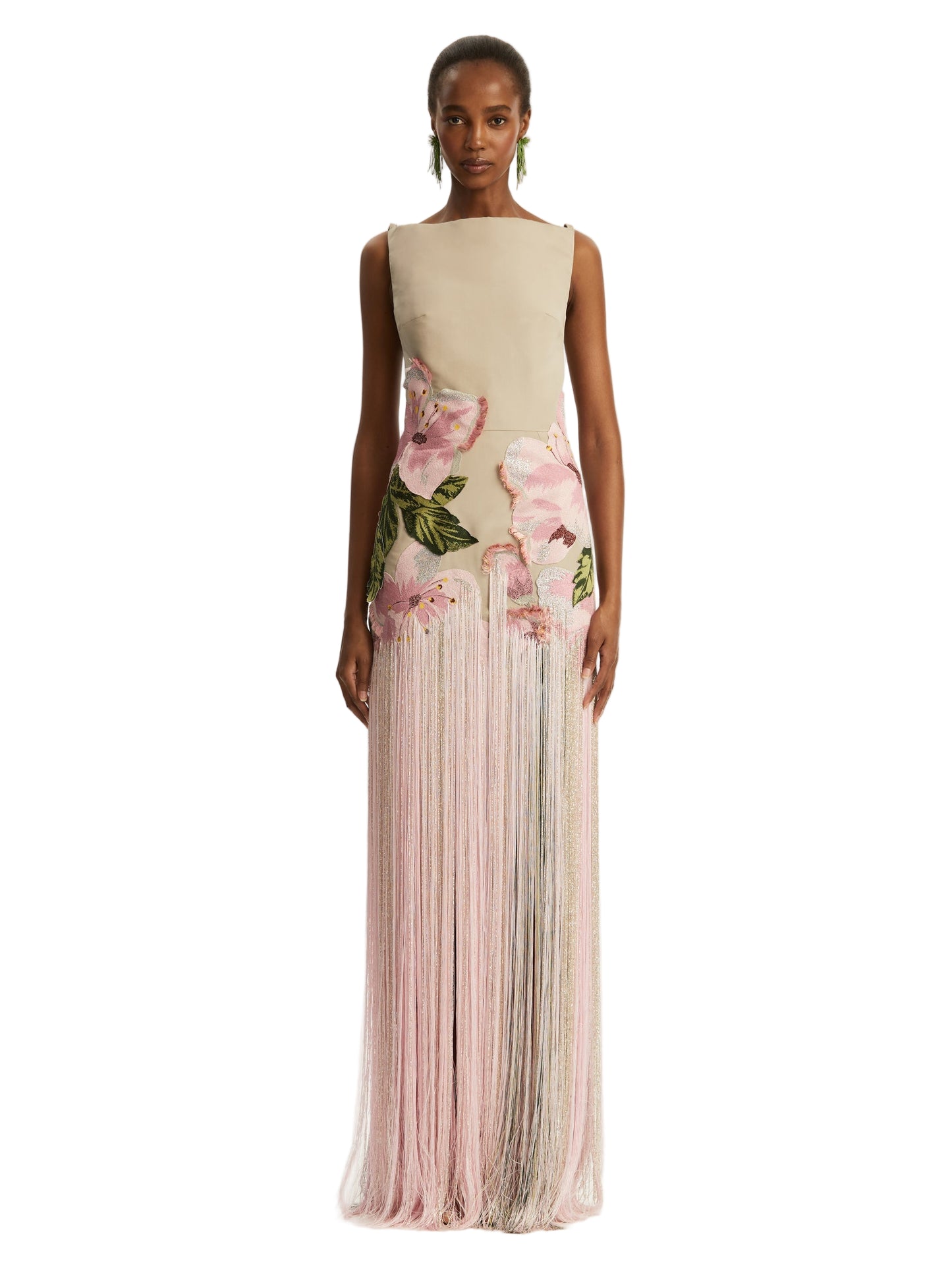 SLEEVELESS EMBROIDERED FAILLE GOWN WITH FRINGES