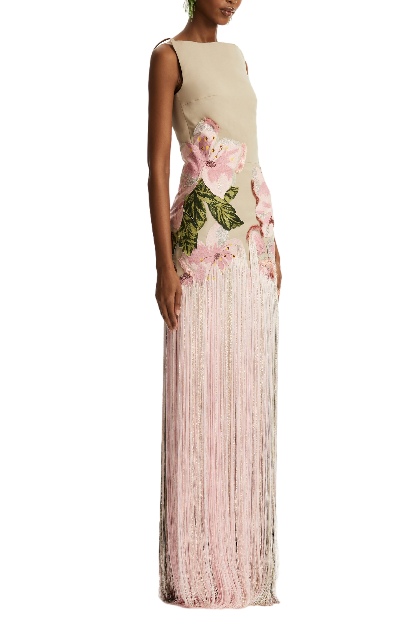 SLEEVELESS EMBROIDERED FAILLE GOWN WITH FRINGES