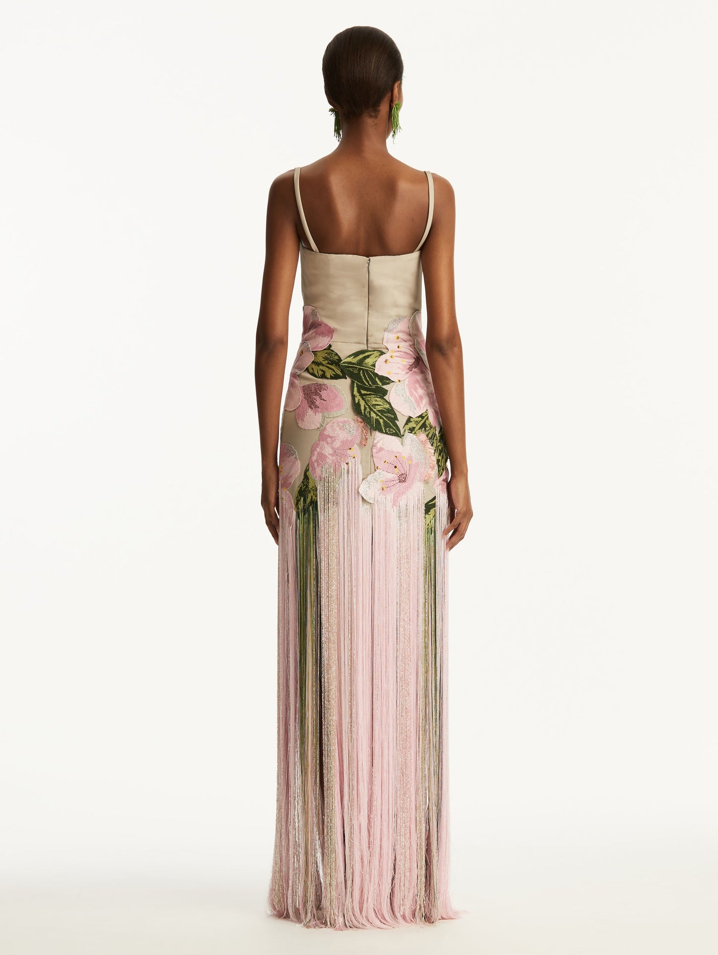 SLEEVELESS EMBROIDERED FAILLE GOWN WITH FRINGES