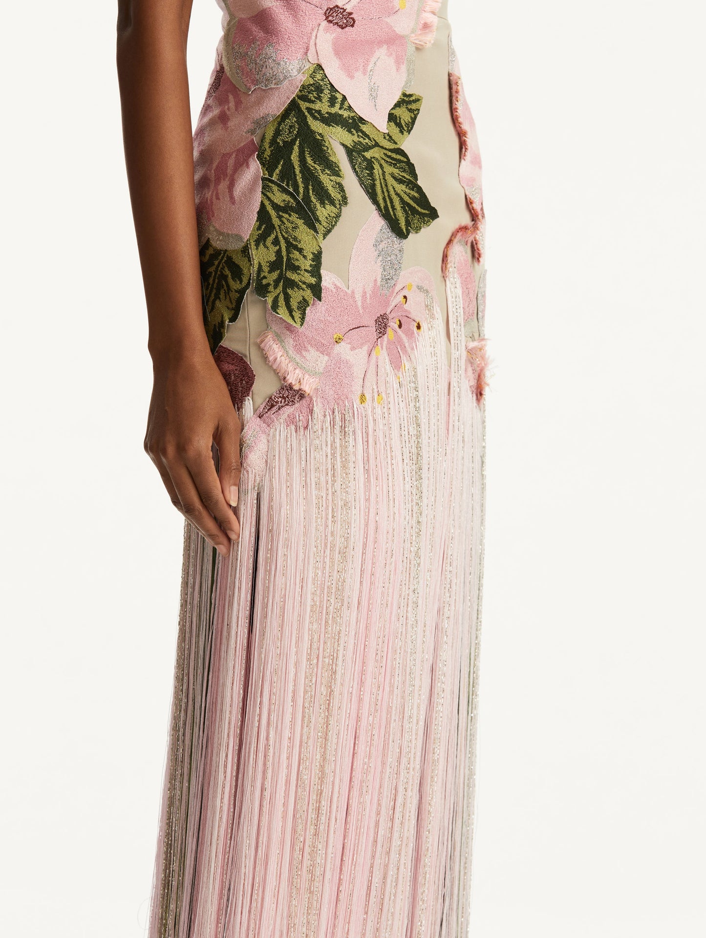 SLEEVELESS EMBROIDERED FAILLE GOWN WITH FRINGES