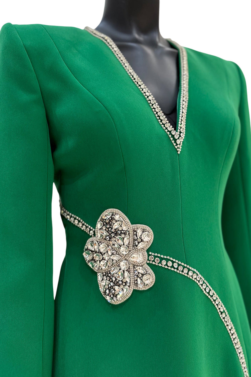 STONE ORCHID EMBELLISHED V-NECK DRESS