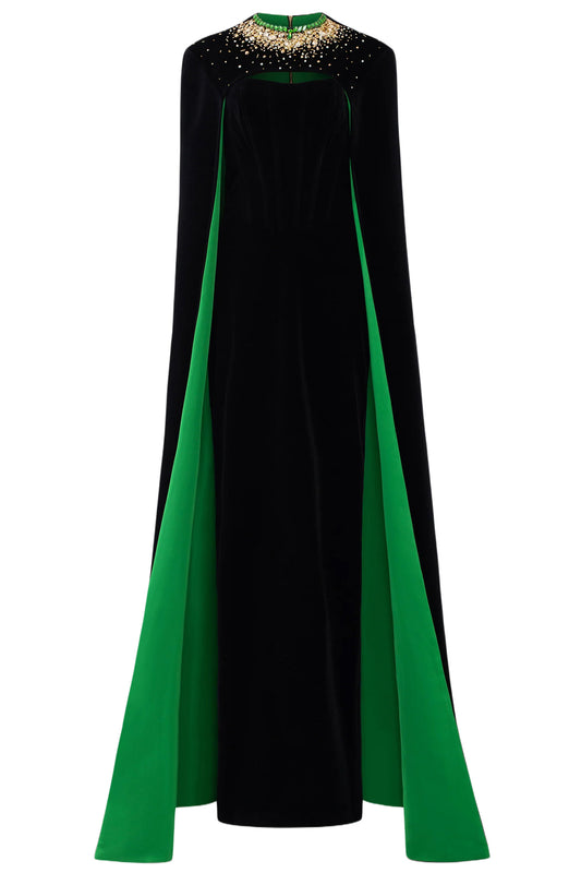 STRAPLESS BURSTIER BLACK VELVET GOWN WITH LONG CAPE
