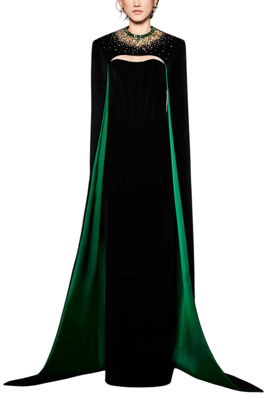STRAPLESS BURSTIER BLACK VELVET GOWN WITH LONG CAPE