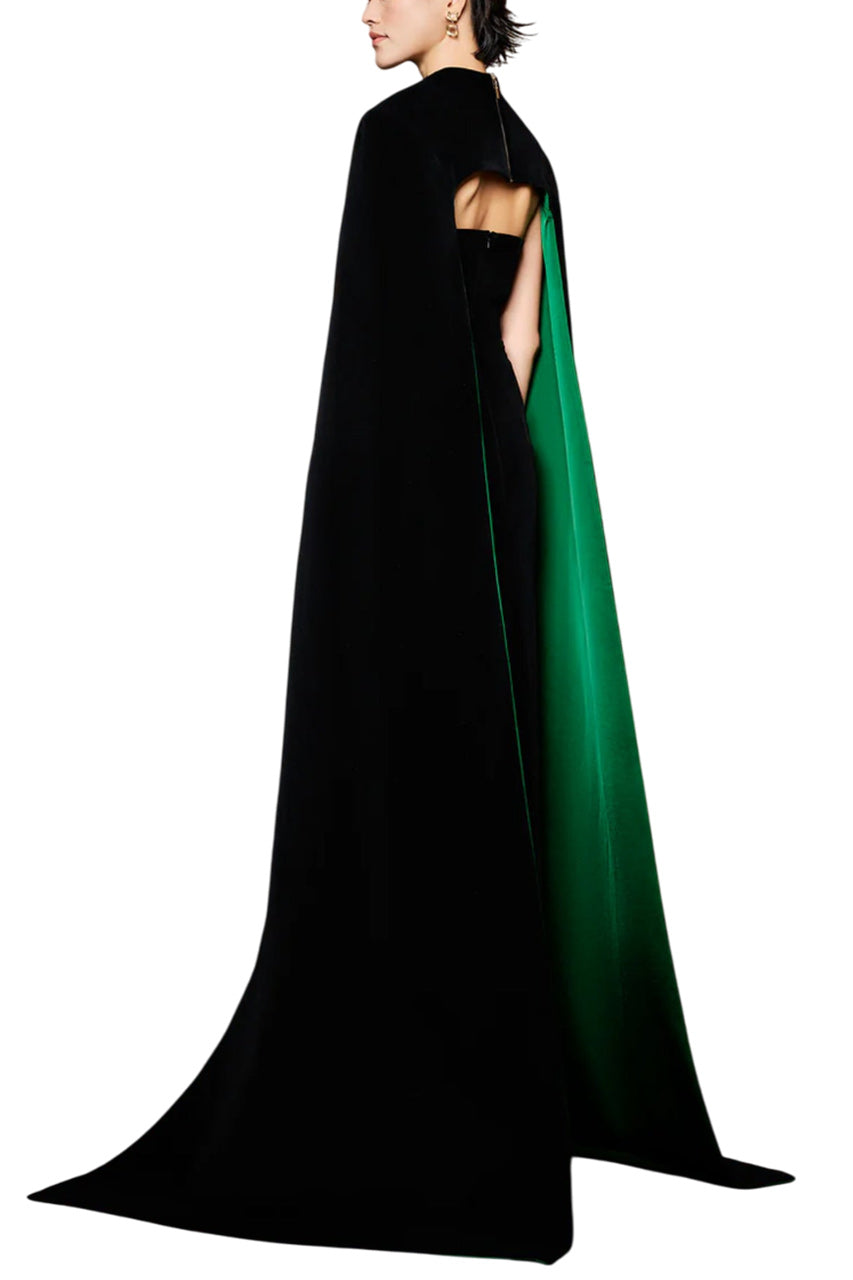 STRAPLESS BURSTIER BLACK VELVET GOWN WITH LONG CAPE