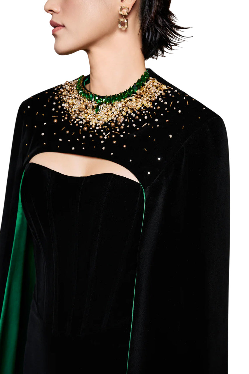 STRAPLESS BURSTIER BLACK VELVET GOWN WITH LONG CAPE