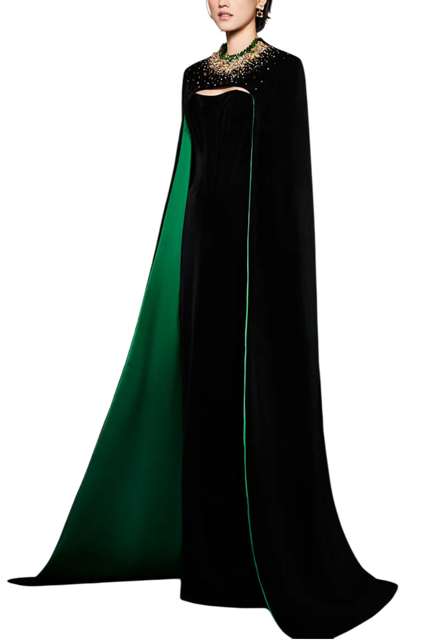 STRAPLESS BURSTIER BLACK VELVET GOWN WITH LONG CAPE