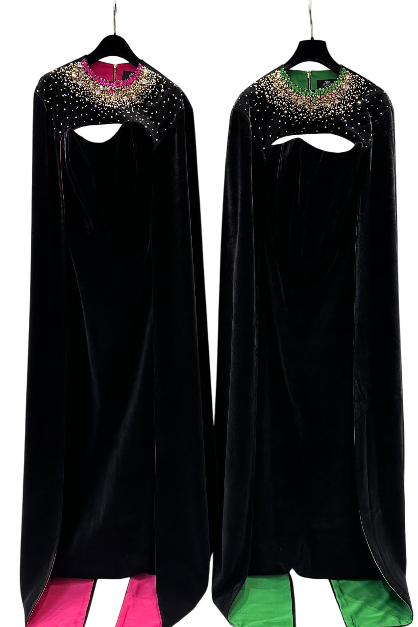 STRAPLESS BURSTIER BLACK VELVET GOWN WITH LONG CAPE