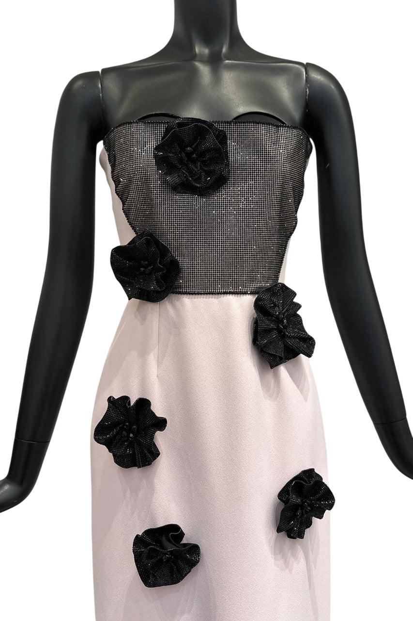 STRAPLESS COLUMN GOWN WITH FLORAL EMBELLISHMENTS