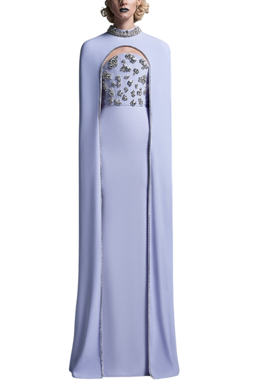 STRAPLESS GOWN WITH DETACHABLE CAPE