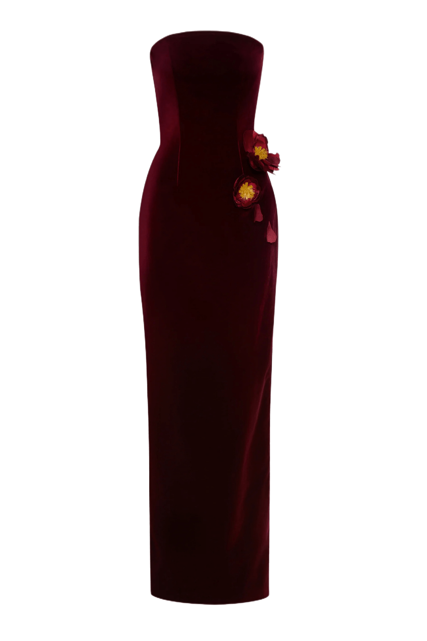 STRAPLESS VELVET APPLIQUÉ GOWN