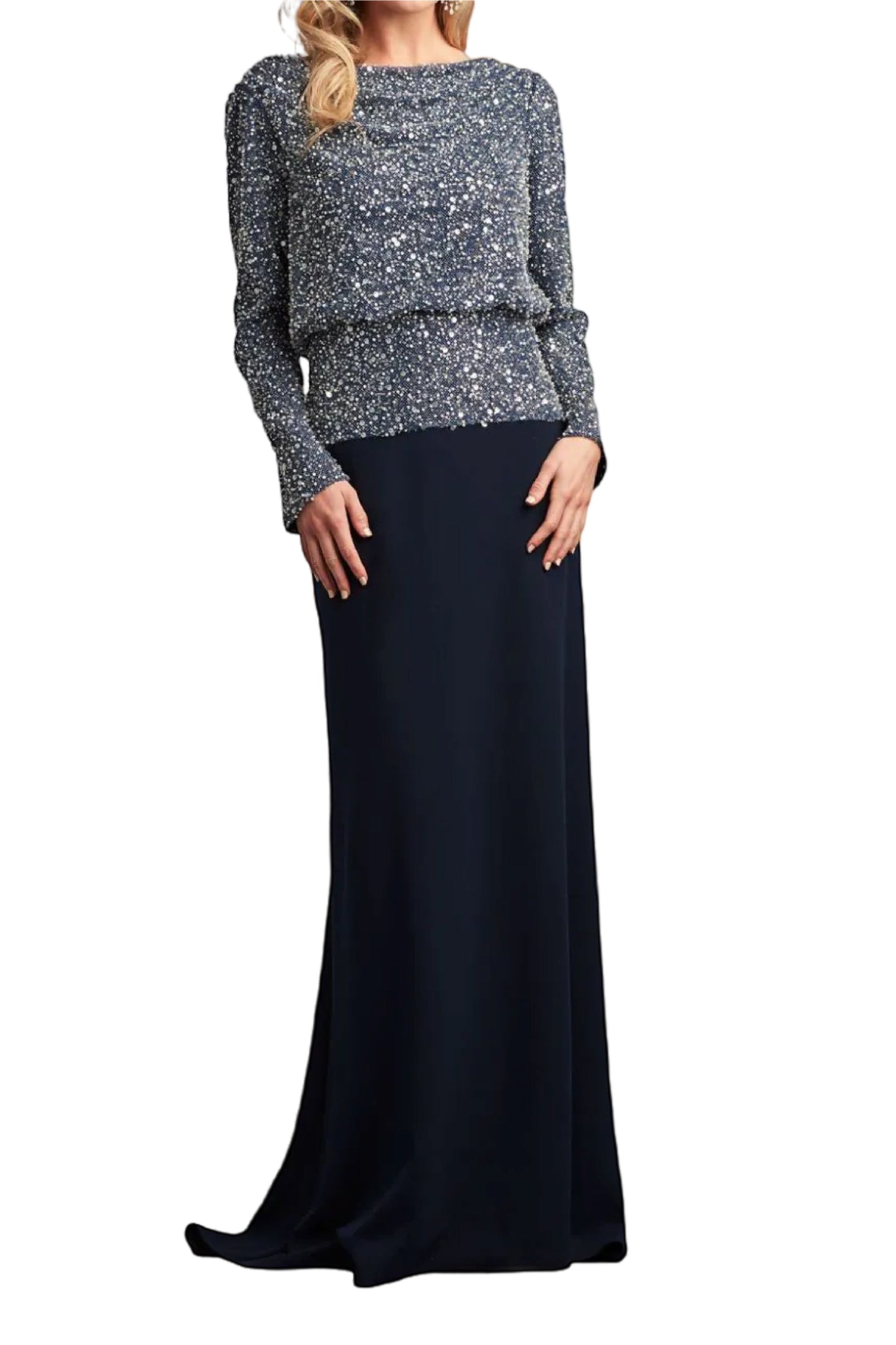SEQUIN-EMBELLISHED PANELED GOWN