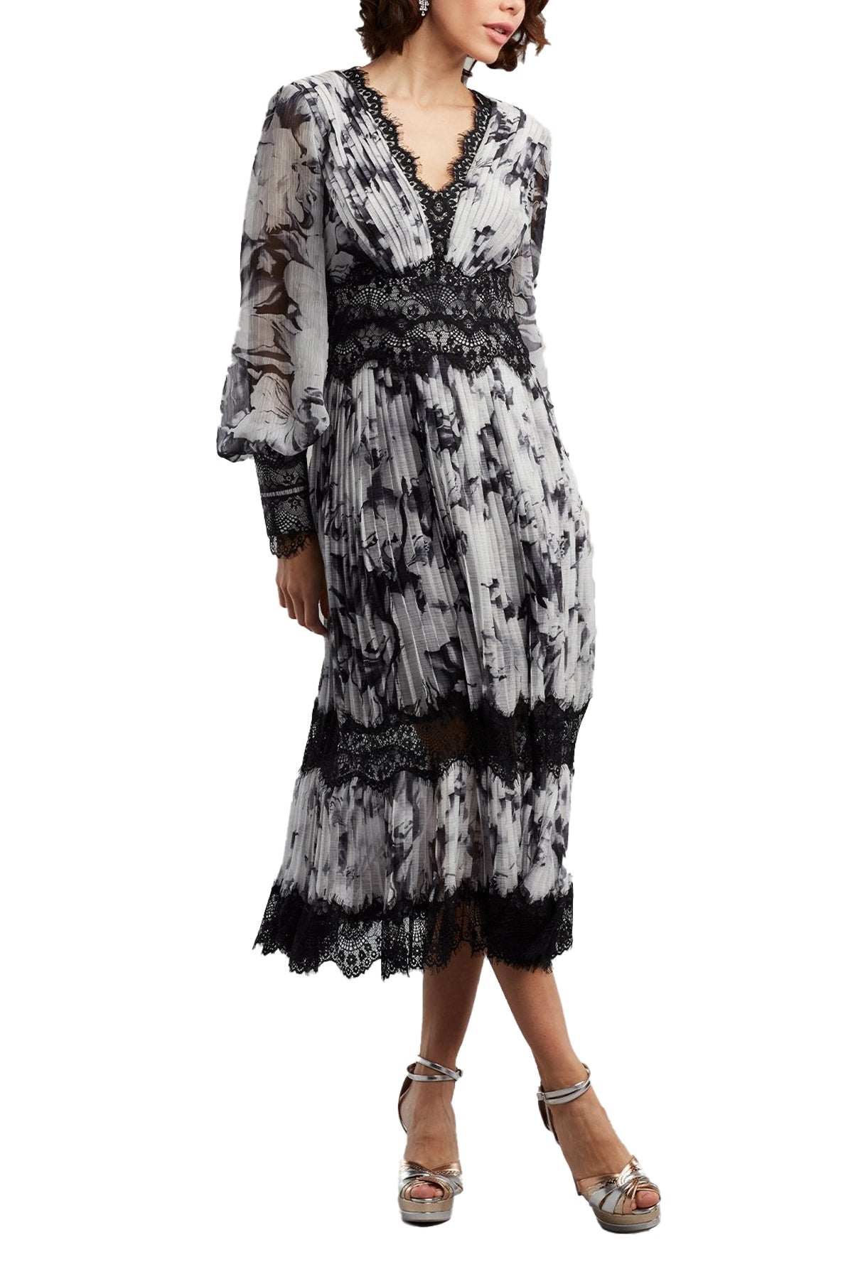 PLEATED CHIFFON MIDI DRESS