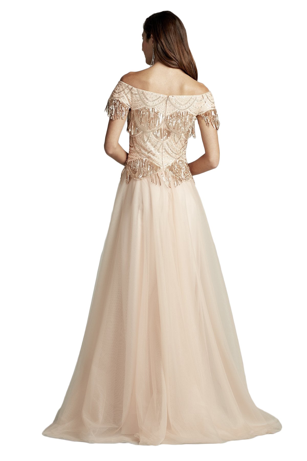 SEQUIN FRINGE TULLE GOWN