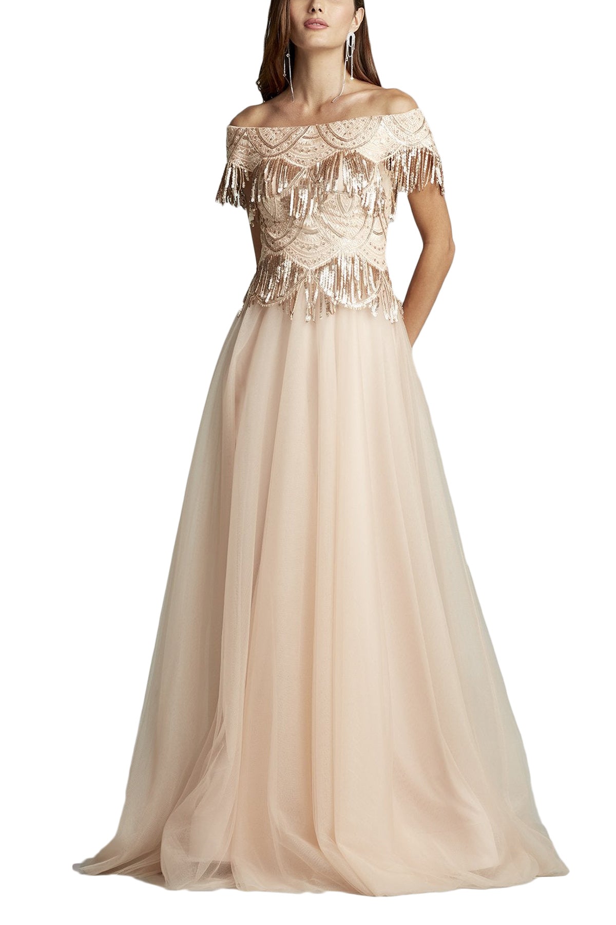 SEQUIN FRINGE TULLE GOWN