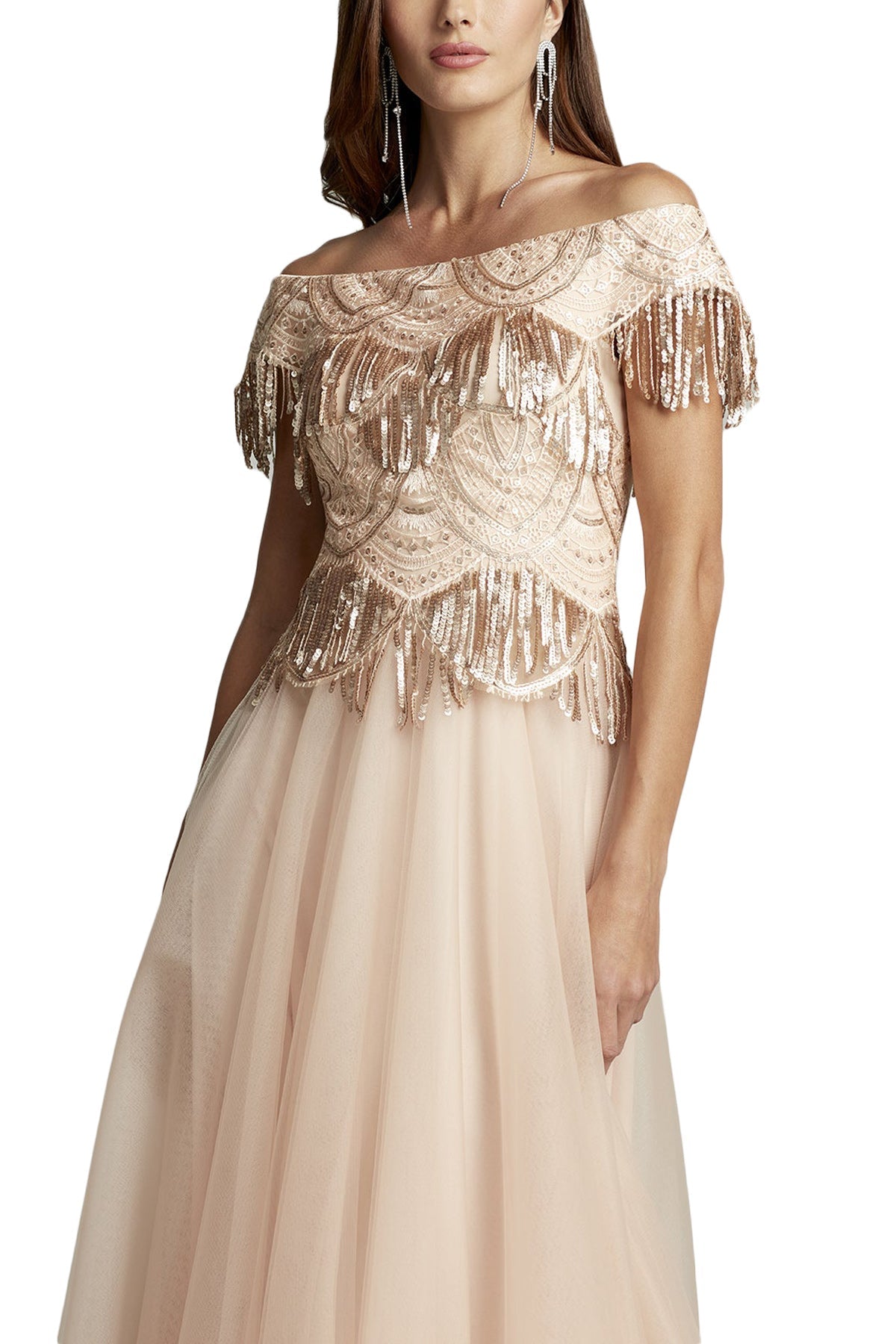 SEQUIN FRINGE TULLE GOWN