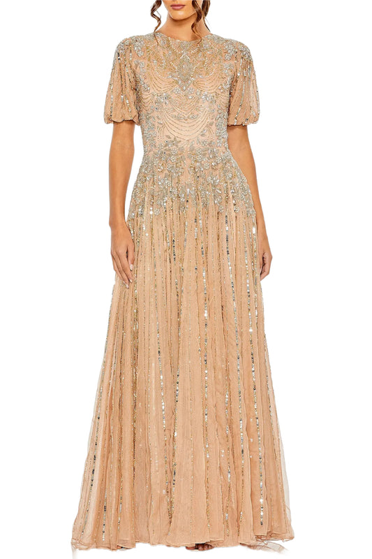 TAUPE HIGH NECK PUFF SLEEVE GOWN