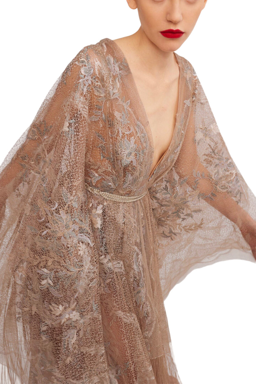 V-NECK A-LINE DRESS WITH KIMONO SLEEVES AND EMBROIDERED FLORAL DETAIL