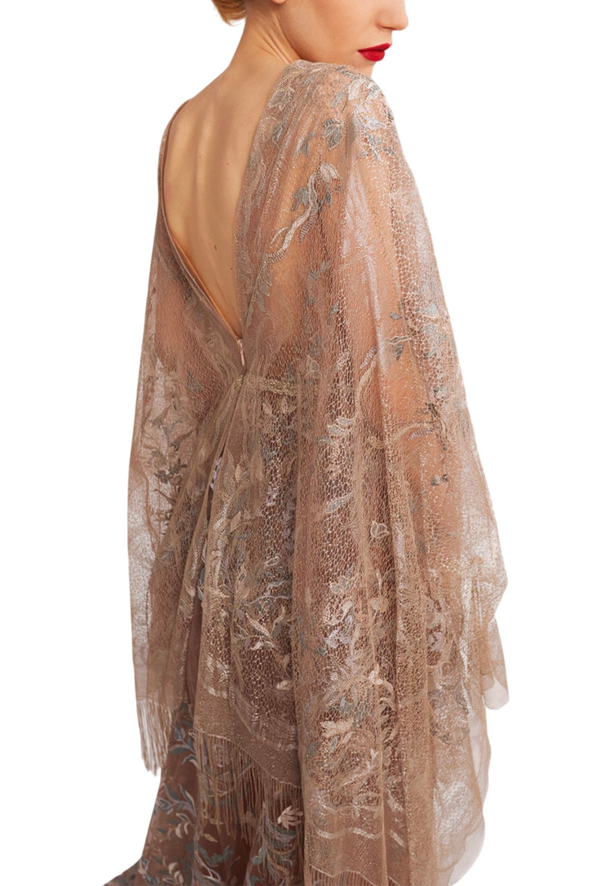 V-NECK A-LINE DRESS WITH KIMONO SLEEVES AND EMBROIDERED FLORAL DETAIL