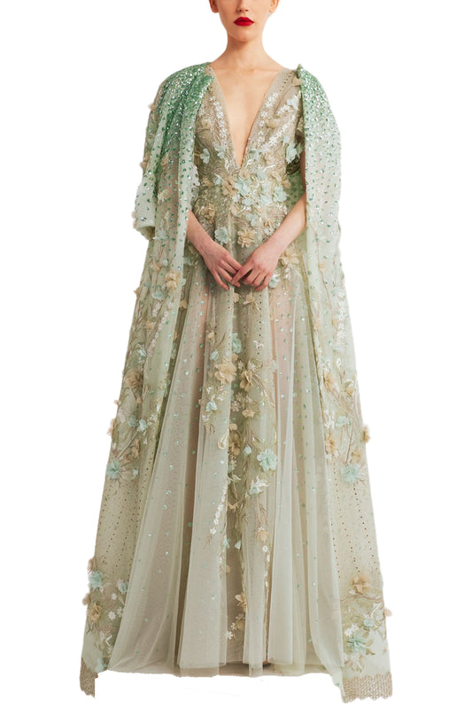 V-NECK DRESS WITH CAPE SLEEVES AND FLORAL EMBELLISHMENTS