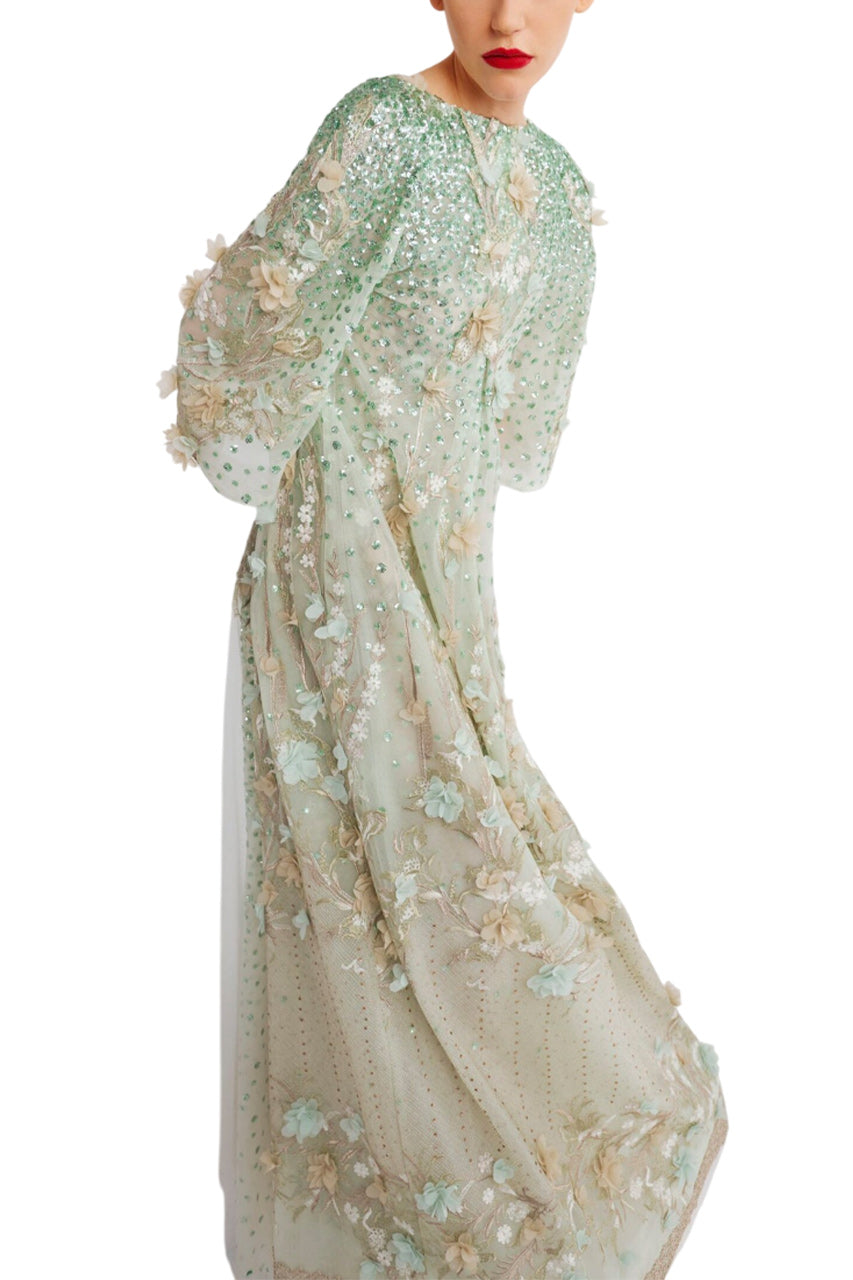 V-NECK DRESS WITH CAPE SLEEVES AND FLORAL EMBELLISHMENTS