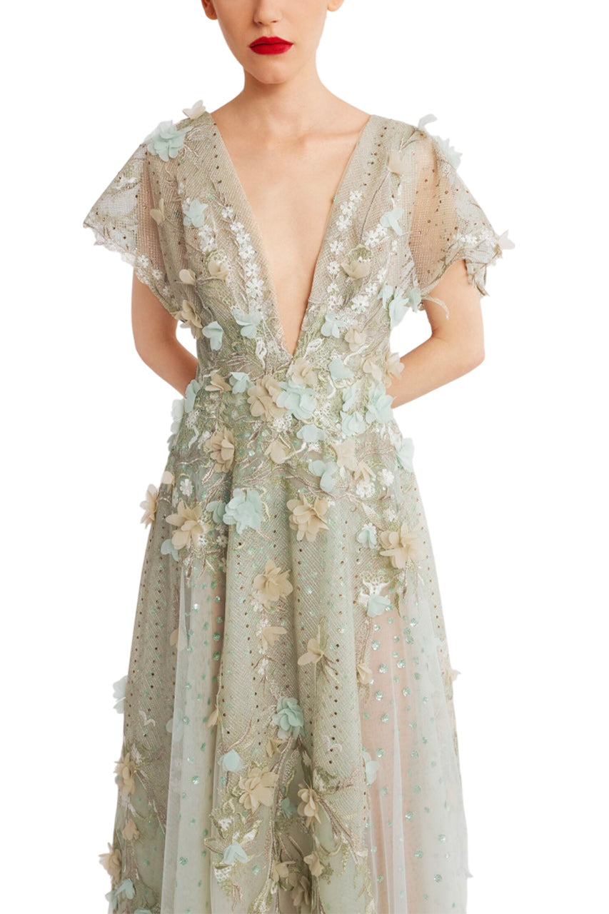 V-NECK DRESS WITH CAPE SLEEVES AND FLORAL EMBELLISHMENTS