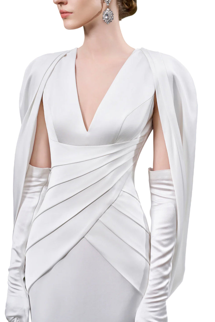 V-NECKLINE PLEATED MULLET SILK GOWN